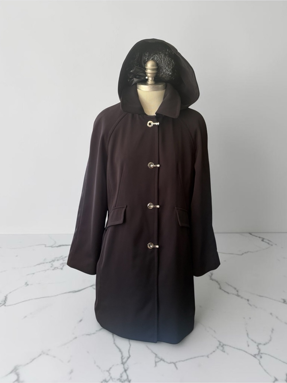 London Fog Black Hooded Toggle Trench Coat
